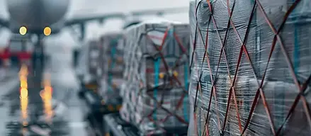 Pallet ao lado de avião em aerooprto. Rimera Comex frete aéreo..webp
