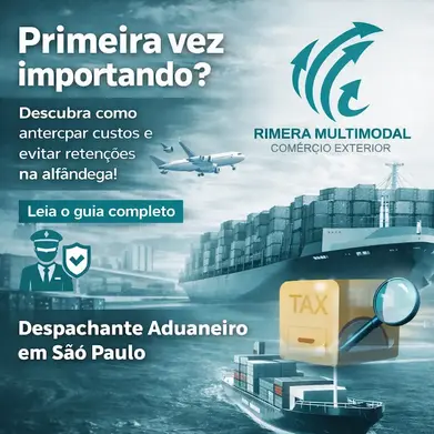 Despachante aduaneiro em São Paulo com navio, avião e containers, destacando primeira importação com redução de custos e liberação sem riscos.