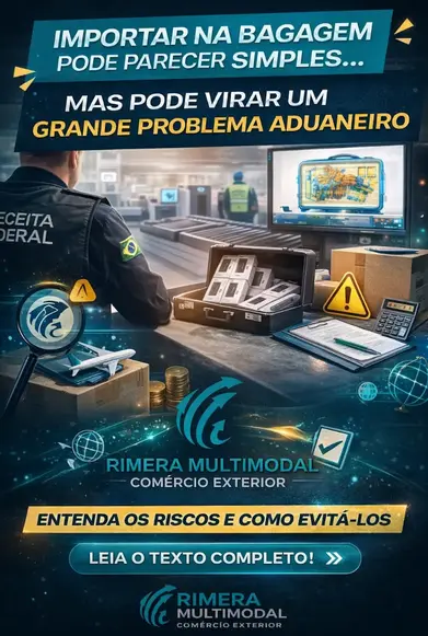 Fiscal da Receita Federal inspecionando bagagem com mercadorias em área de raio-x no aeroporto, destacando riscos de importação irregular e problemas aduaneiros ao trazer produtos na mala.