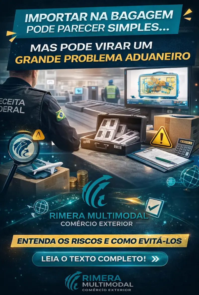 Fiscal da Receita Federal inspecionando bagagem com mercadorias em área de raio-x no aeroporto, destacando riscos de importação irregular e problemas aduaneiros ao trazer produtos na mala.
