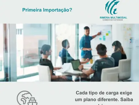 Imagem institucional da Rimera Multimodal sobre primeira importação, mostrando equipe em reunião estratégica e destaque para escolha da modalidade logística ideal para cada tipo de carga.