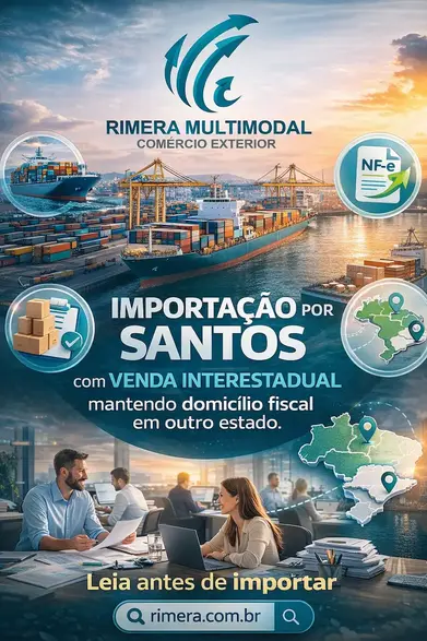 Navio com containers no Porto de Santos e operação logística com venda interestadual, mostrando importação com entrega direta ao cliente final.