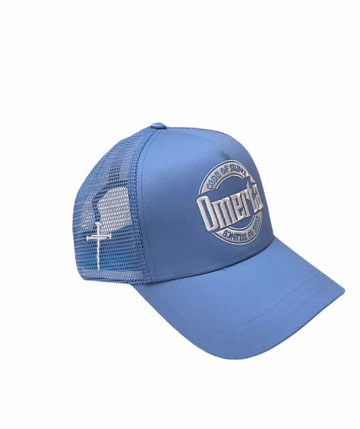 Baby blue/ white omertà trucker hat
