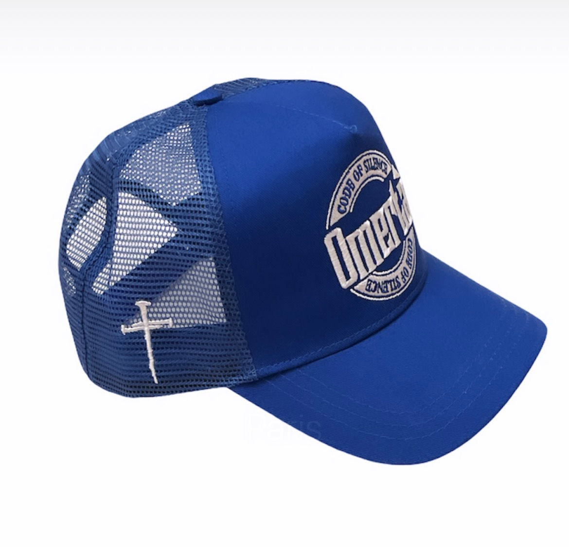 Blue/white omertà trucker hat