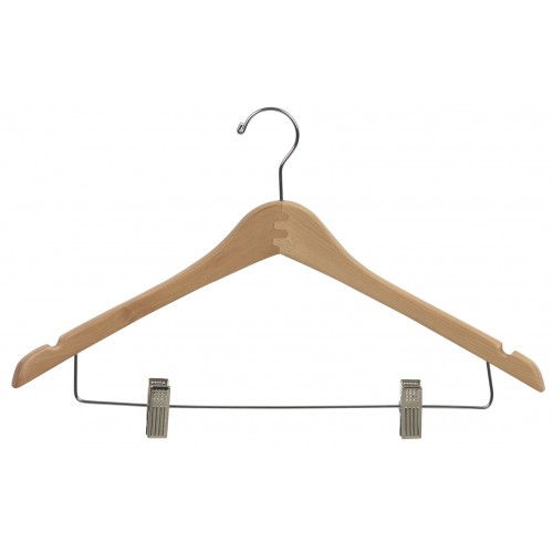 Combo Wooden Hanger W/Clips and Notches Curved - Natural & Walnut