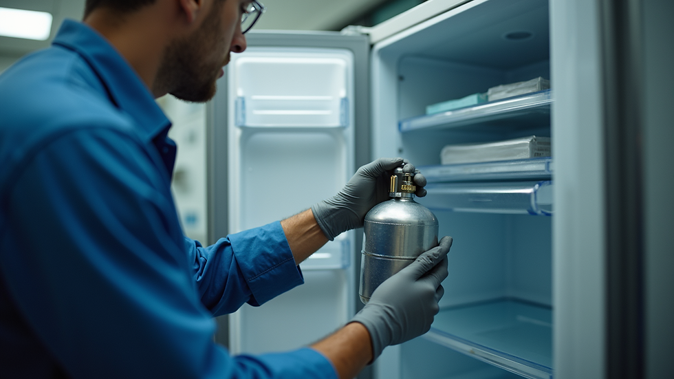 Close-up view of a technician removing refrigerant from a refrigerator