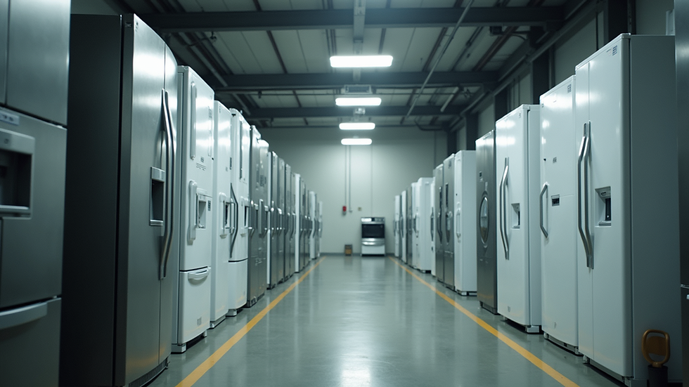 Eye-level view of a large appliance recycling center with stacked refrigerators
