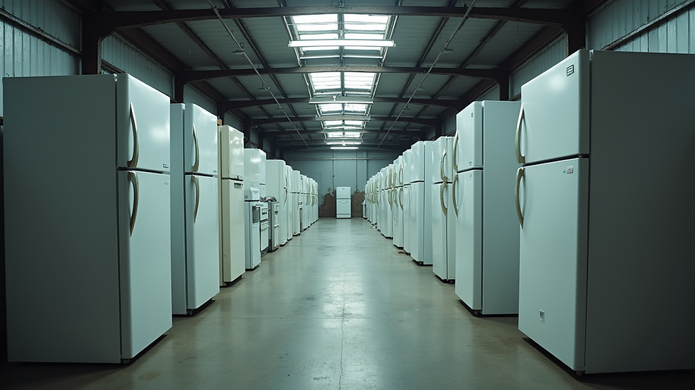 Eye-level view of a large appliance recycling center with stacked old refrigerators