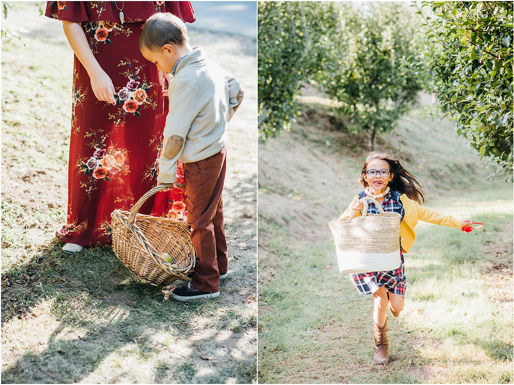 little girl running with basket full of apples