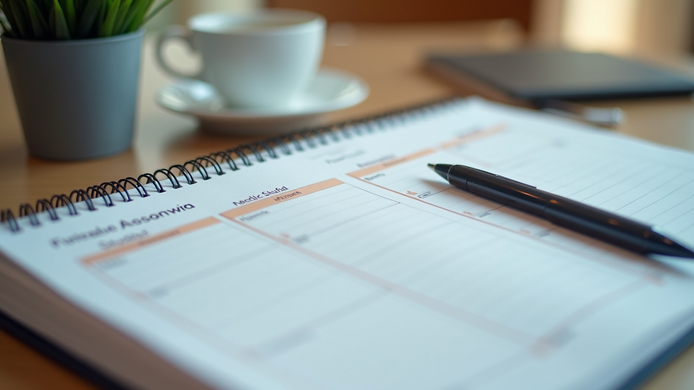 Close-up view of a planner with a study schedule and notes