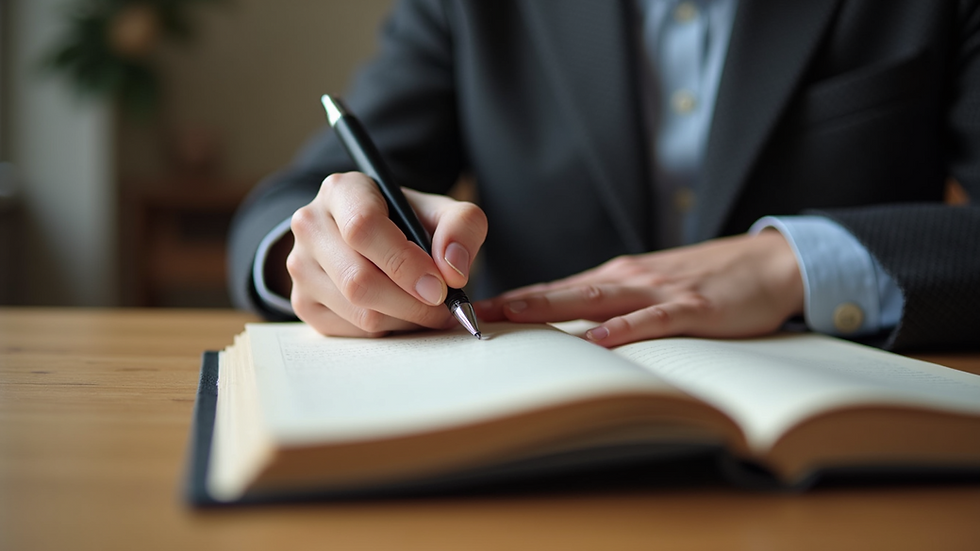 Close-up view of a person writing in a journal with a pen on a wooden desk