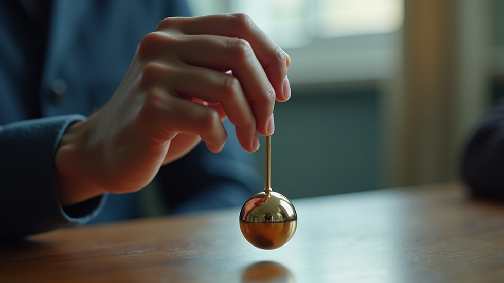 Close-up view of a hypnotherapist’s hand holding a pendulum during a session
