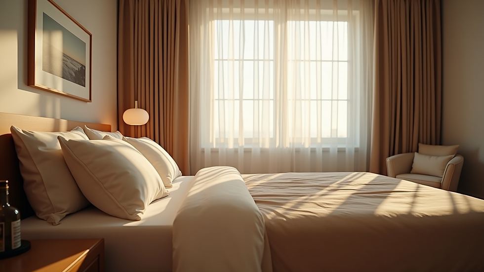 High angle view of a peaceful bedroom with soft lighting and a comfortable bed