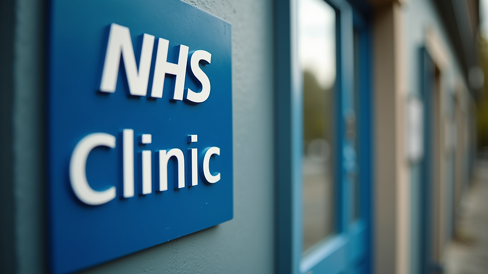 High angle view of a NHS clinic entrance sign