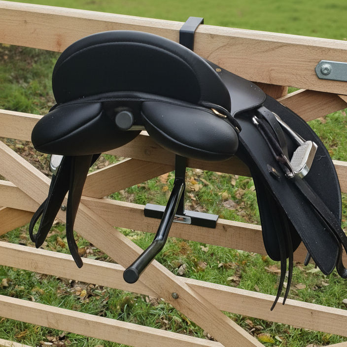 Eye-level view of a portable equestrian saddle rack assembled in a stable