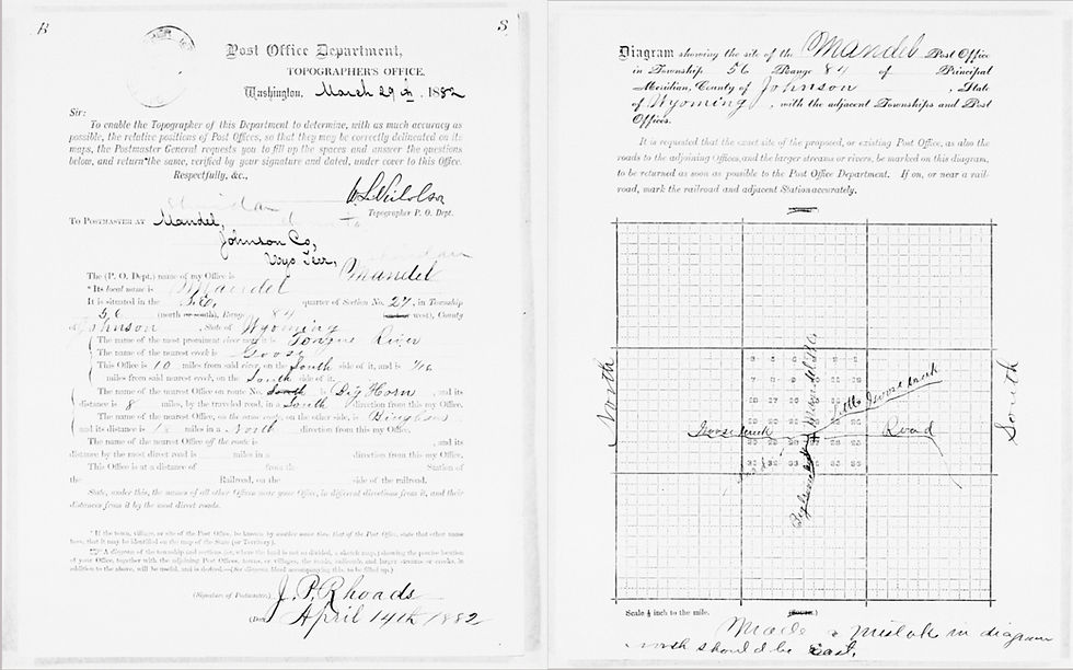 Above: Post Office department, Topographers office page showing Mandel, Wyoming, dated march 29,1882. Signed by J.P. Rhodes on April 14, 1882. taken from the Post Office Department Reports of Site Locations, 1837–1950 (Washington, DC: National Archives and Records Administration, 1986), Roll 679: Wyoming, Platte - Teton Counties.