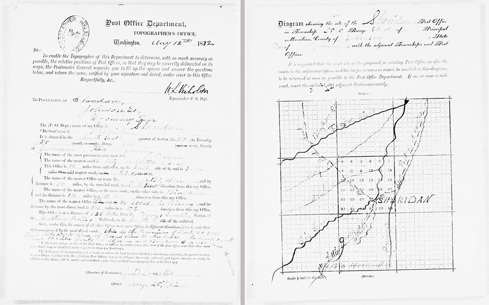 Above: Post Office department, Topographers office page showing Sheridan, Wyoming, dated August 12,1882. Signed by J.D. Loucks on August 26, 1882. taken from the Post Office Department Reports of Site Locations, 1837–1950 (Washington, DC: National Archives and Records Administration, 1986), Roll 679: Wyoming, Platte - Teton Counties.