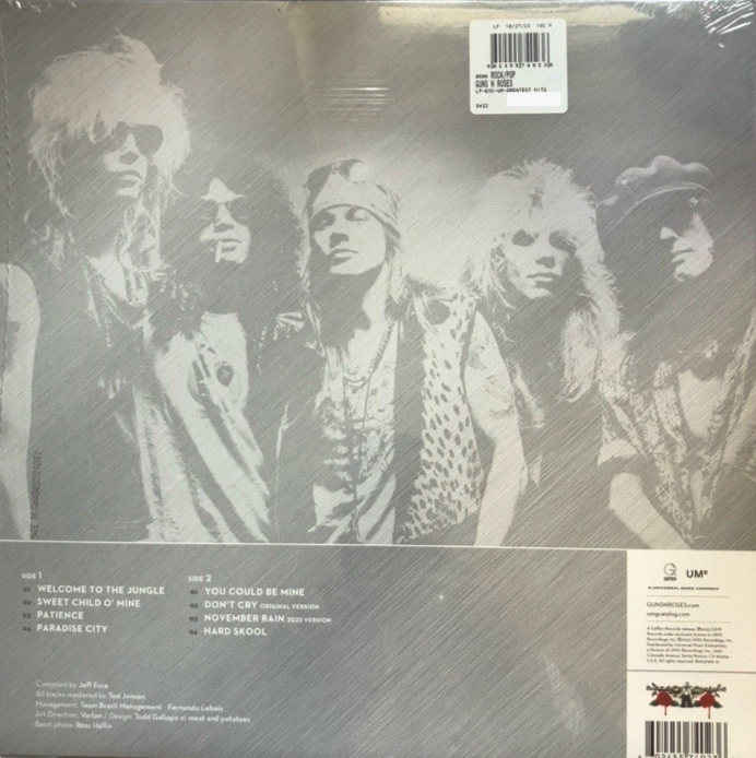 Back cover of Guns N’ Roses – Greatest Hits vinyl with band photograph and track list