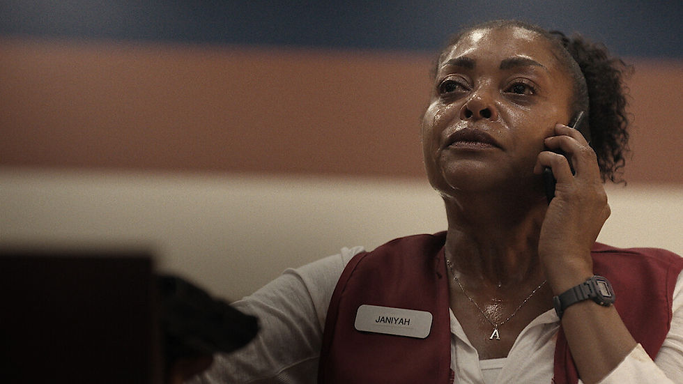 A woman in a red vest, name tag "Janiyah," holds a phone to her ear, looking concerned. The background is striped, and she appears sweaty.