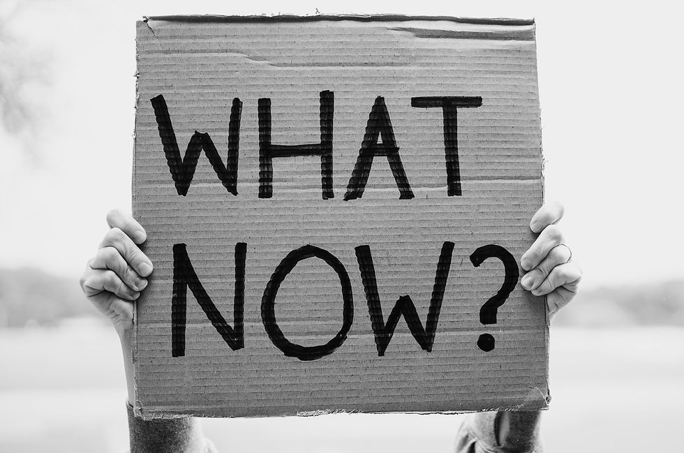 Hands holding a cardboard sign with bold text "WHAT NOW?" against a blurred outdoor background, conveying uncertainty.
