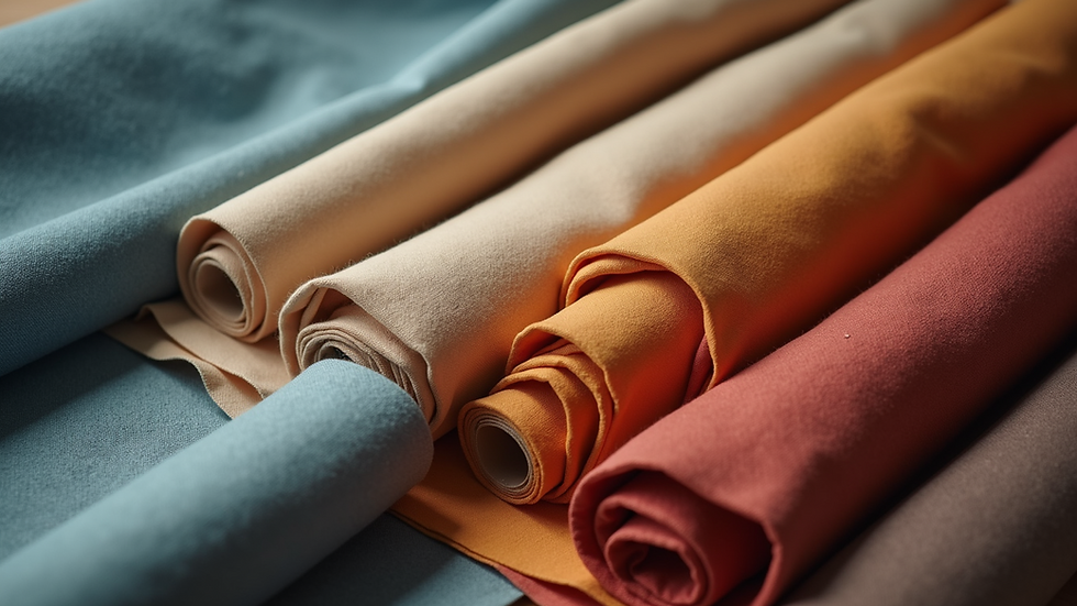 High angle view of fabric rolls in various textures and colors