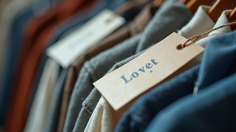 Close-up view of clothing tags showcasing various printing options