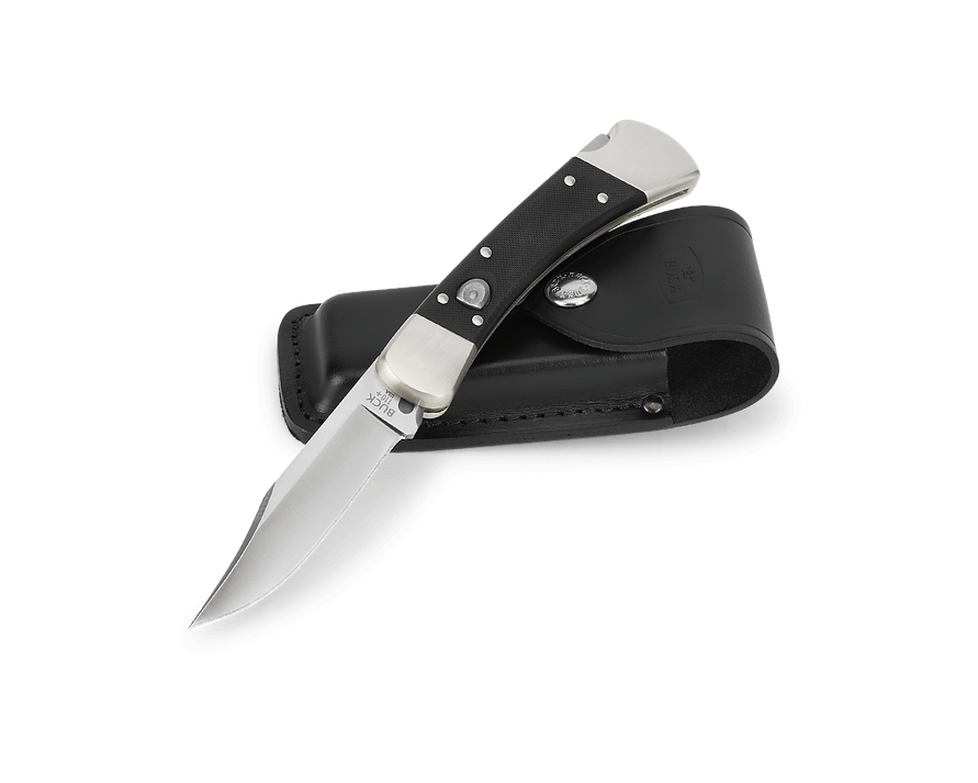 Close-up view of a Buck 110 Automatic Knife on a textured background