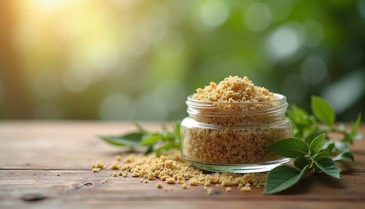 Close-up view of a small glass jar filled with homemade herbal chest rub on a wooden surface