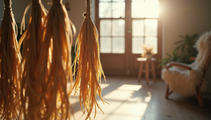 Eye-level view of hand-tied herbal smudge sticks hanging to dry