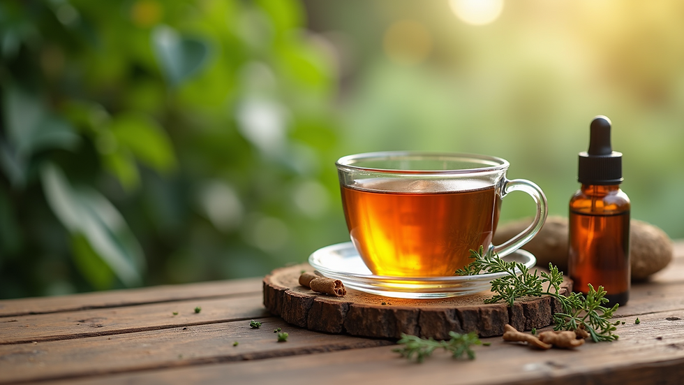 Close-up view of herbal teas and natural remedies on a wooden table