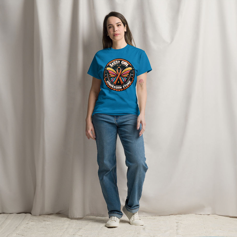Thumbnail: Adult tee featuring the Sassy Girl Concession Stand logo with rainbow butterfly and ADHD awareness ribbon.