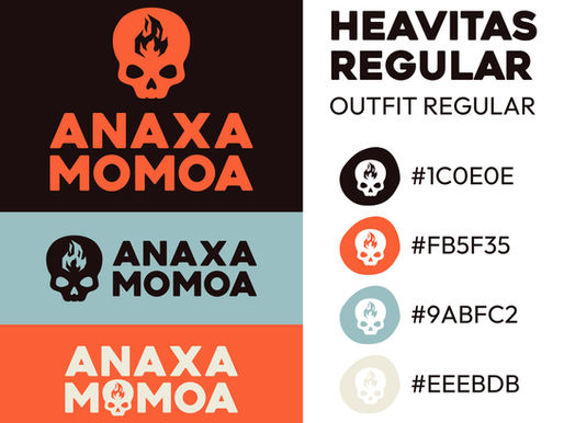 The brand board for Anaxa Momoa, including colors, fonts, and logo variants.