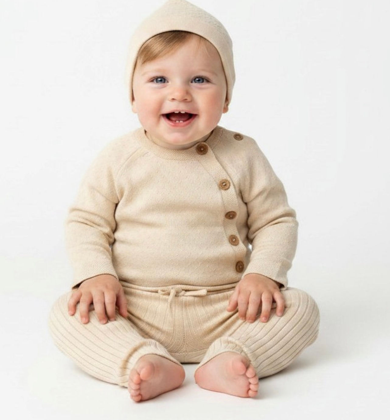 Knit cotton bodysuit, trousers and hat set 