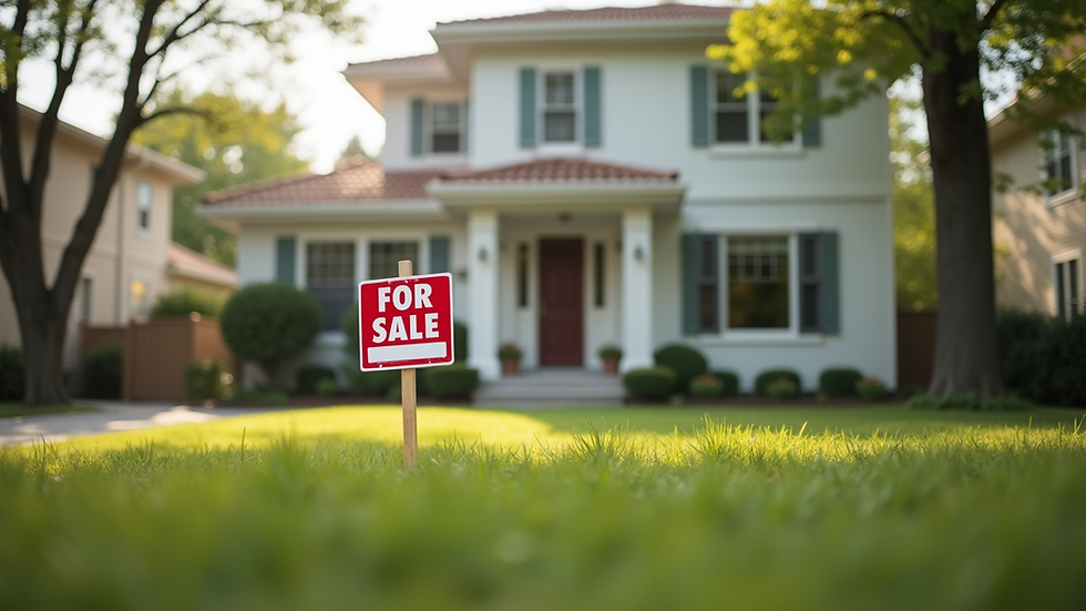 Eye-level view of a suburban home with a "For Sale" sign in the yard