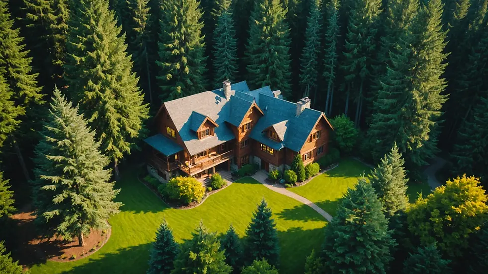 High angle view of a cozy home surrounded by tall trees