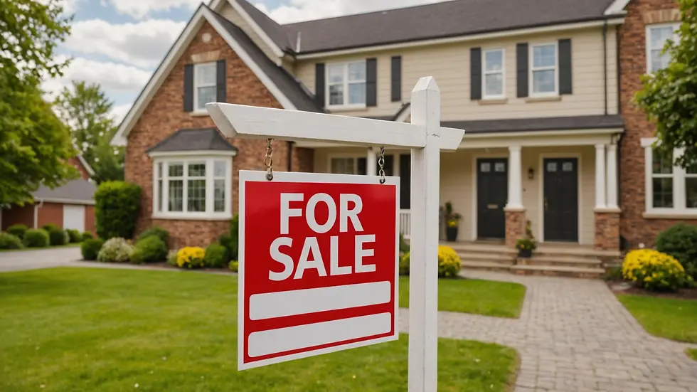 Close-up of a house with a "For Sale" sign in front