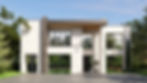 Modern two-story home with white brick facade, large glass windows, and sleek architectural design surrounded by greenery