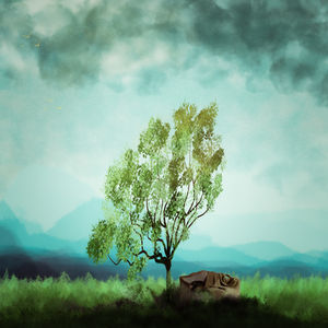 A lone tree bending under an overcast sky beside an old couch in an open field, surrounded by layers of misty blue hills.