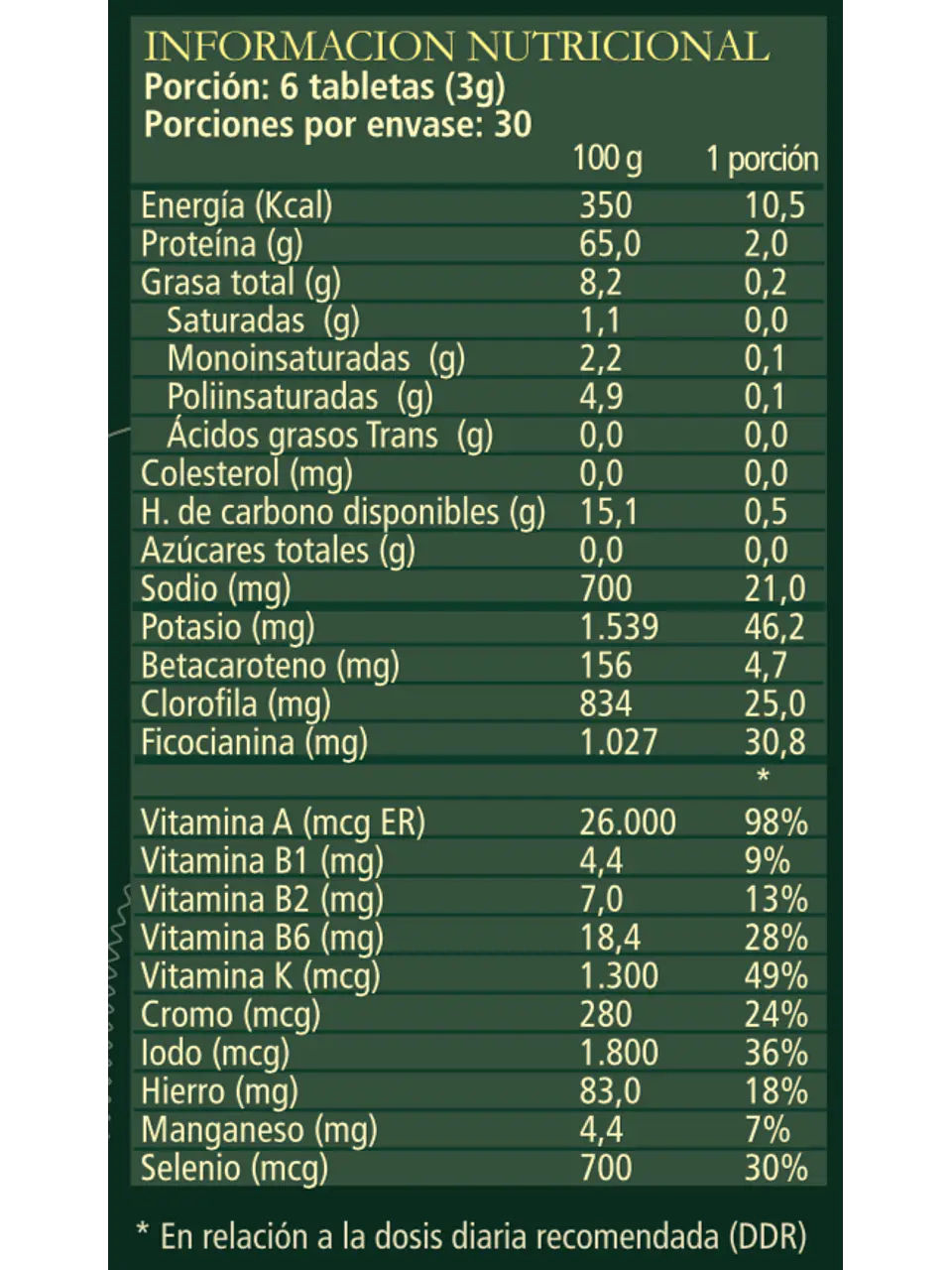 Miniatura: Spirulina Beauty Orgánica Aquasolar, Información Nutricional.
