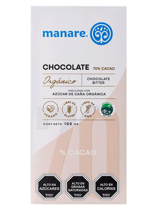 Barra de Chocolate 70% Cacao Manare Orgánico Vegano Libre de Gluten