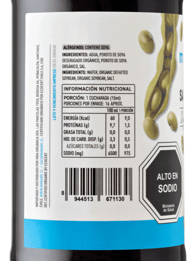 Miniatura: Reverso salsa de soya Manare 250ml con sello Alto en Sodio y lista de ingredientes fermentación natural