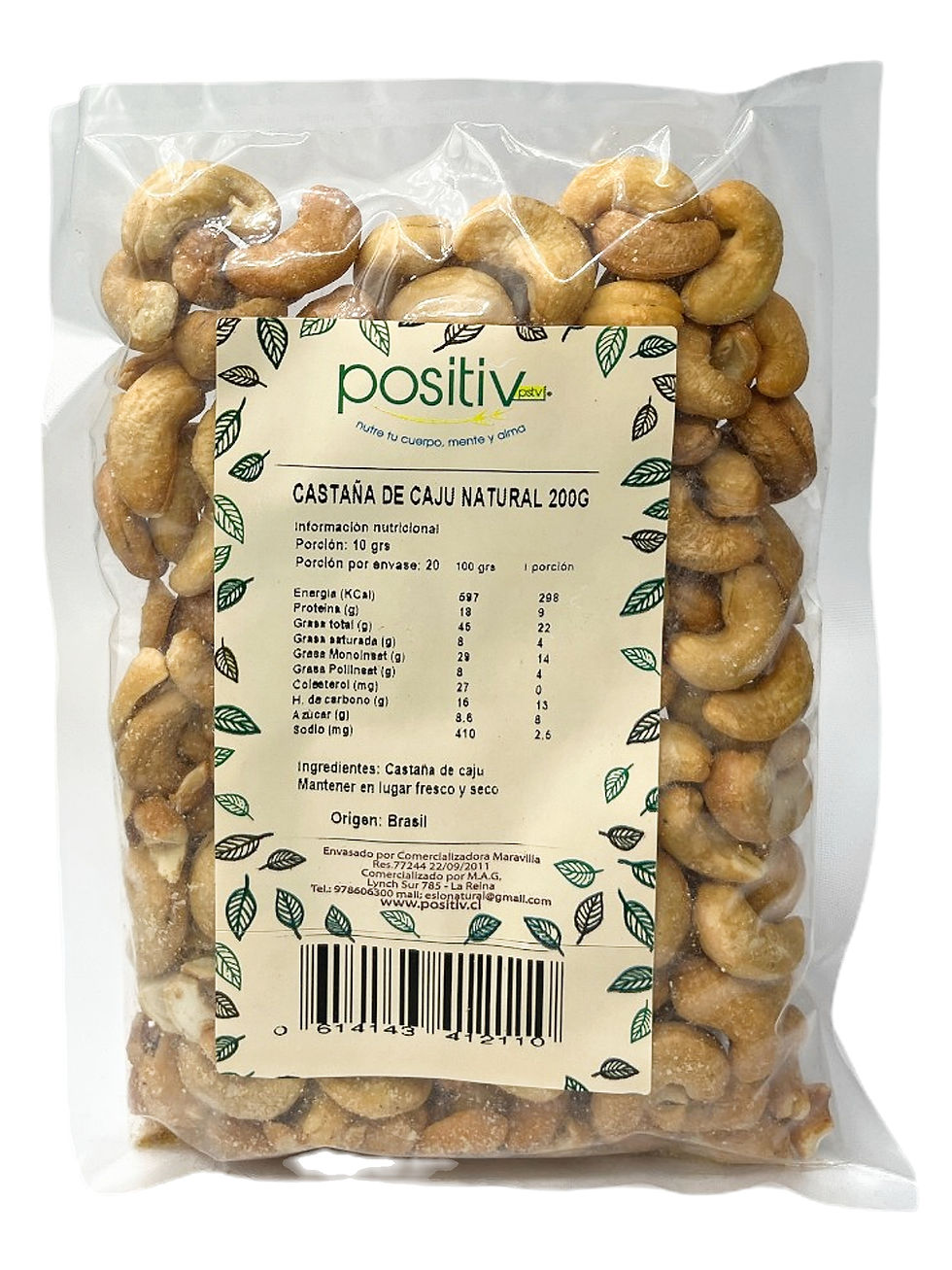 Castañas de Cajú Enteras Sin Sal Positiv 200g Envase | Snack Vegano Alto en Magnesio