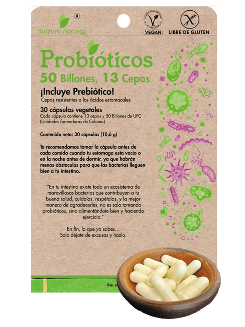 Miniatura: Probióticos 50 Billones Dulzura Natural para restitución de microbiota cápsulas veganas con sellos vegano y sin gluten.