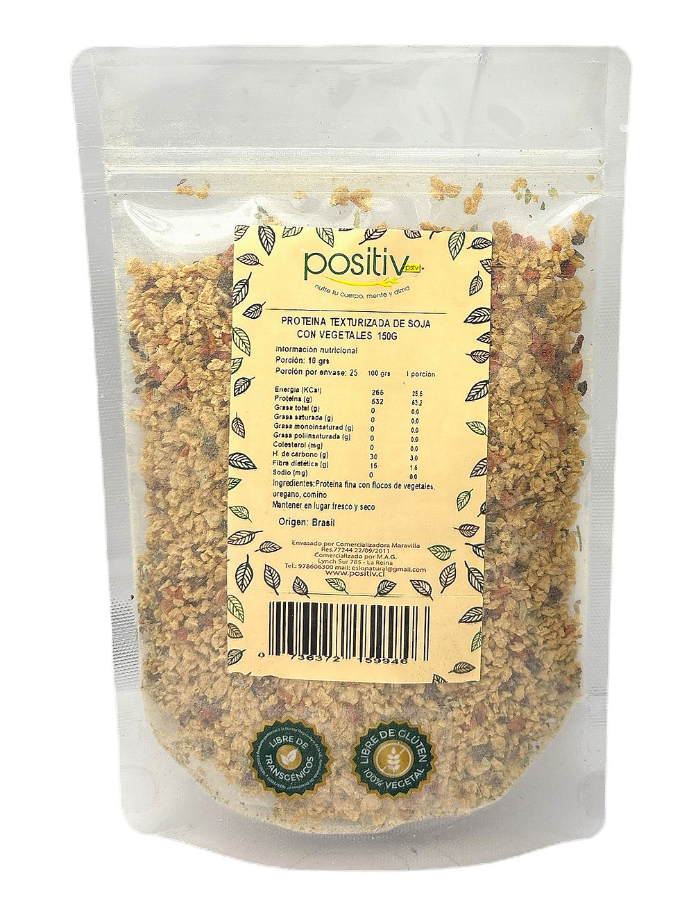 Carne vegetal de proteína texturizada de soya con vegetales Positiv 150g, excelente fuente de proteína sin gluten.