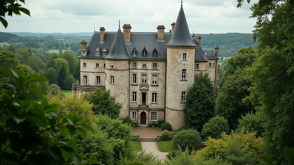 Wide angle view of a historic French castle surrounded by lush greenery