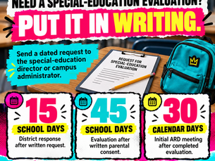 TEXAS PARENTS, STOP WAITING! IF YOUR CHILD NEEDS A SPECIAL-EDUCATION EVALUATION, PUT THAT REQUEST IN WRITING!