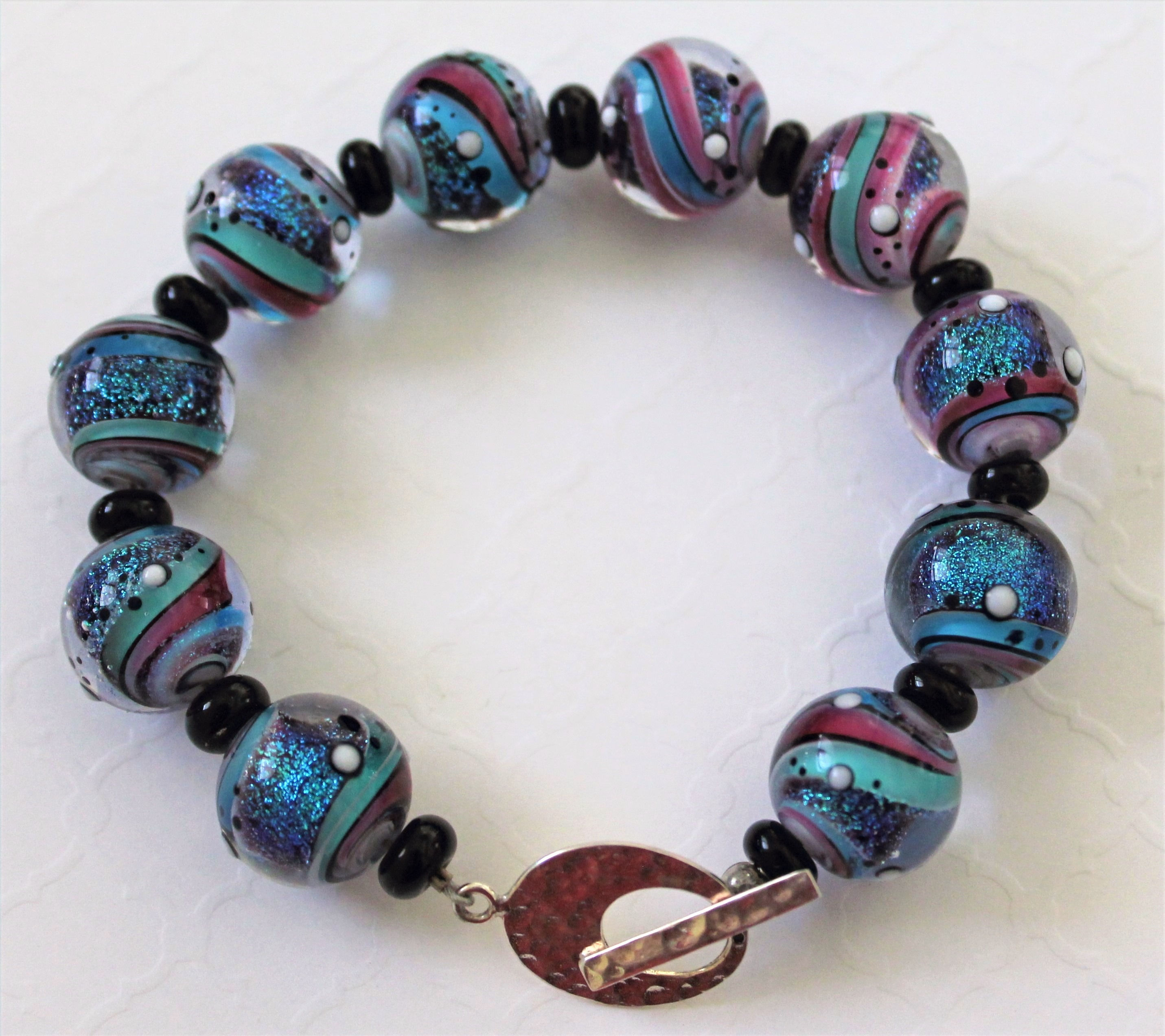 Teal, Aqua, Fuscia, and Dichro Glass Bead Bracelet
