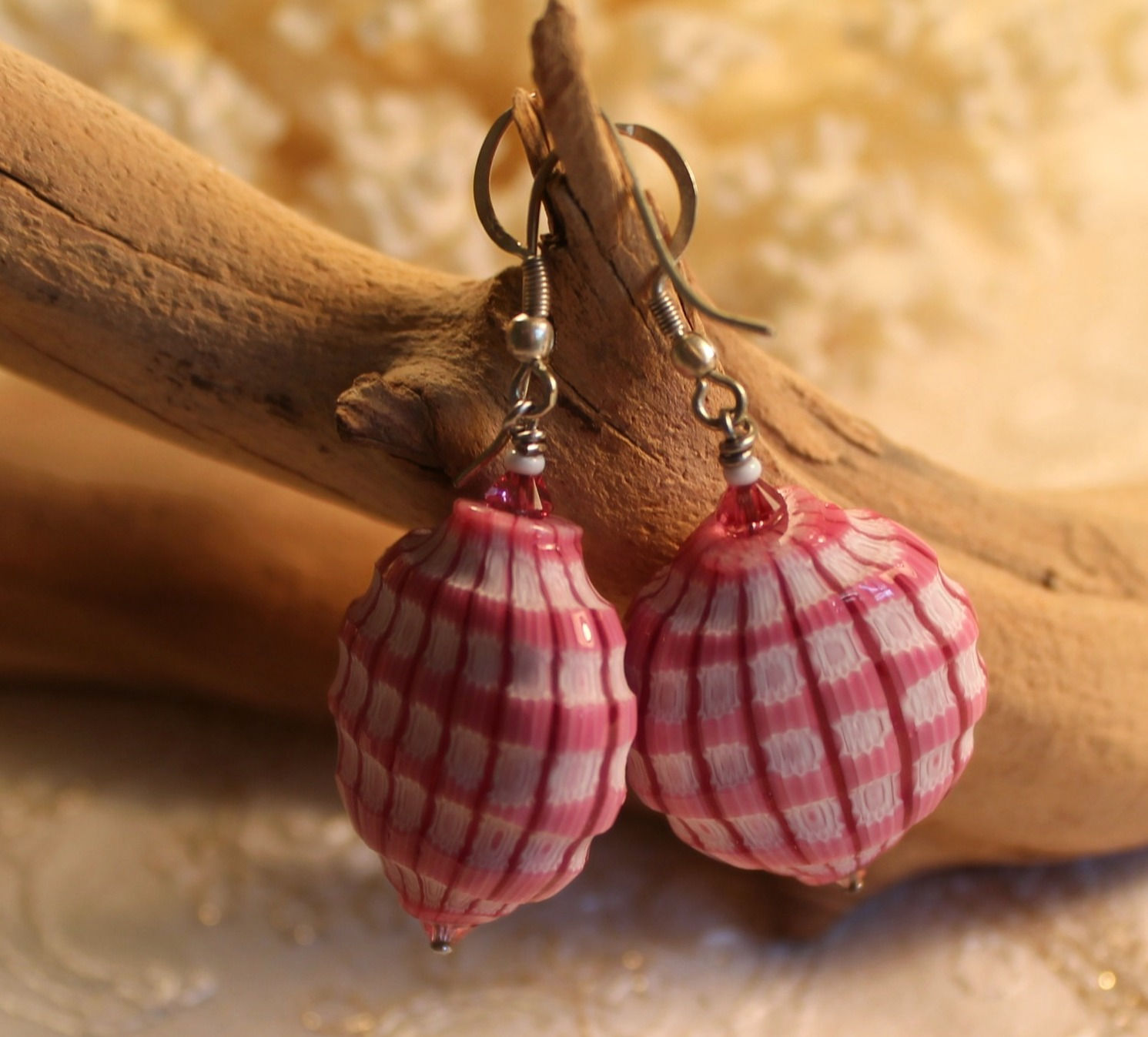 Murano Pink/ White Hollow Carved Earrings