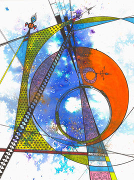 red and blue abstract ink line art with circles and triangles, original drawing