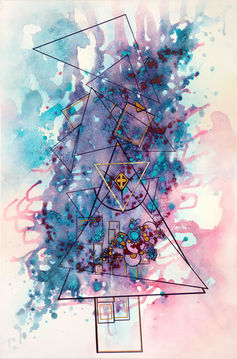 purple and blue ink abstract line art with all seeing, original drawing